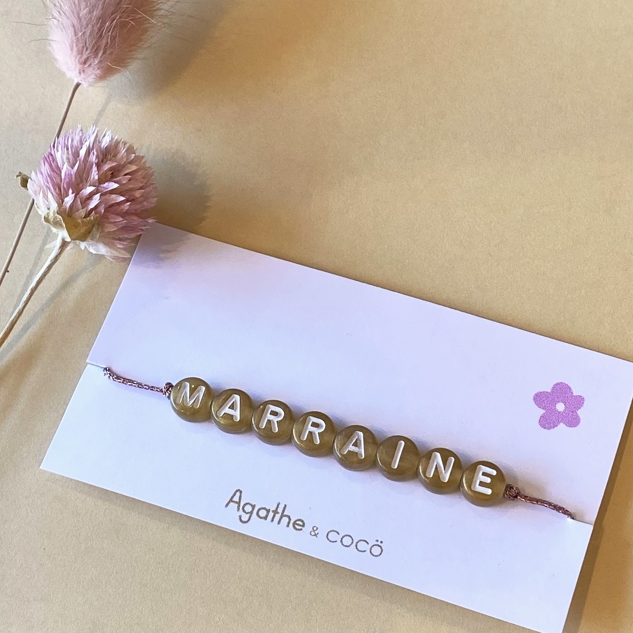 Bracelet MARRAINE – Doré et fil irisé rose